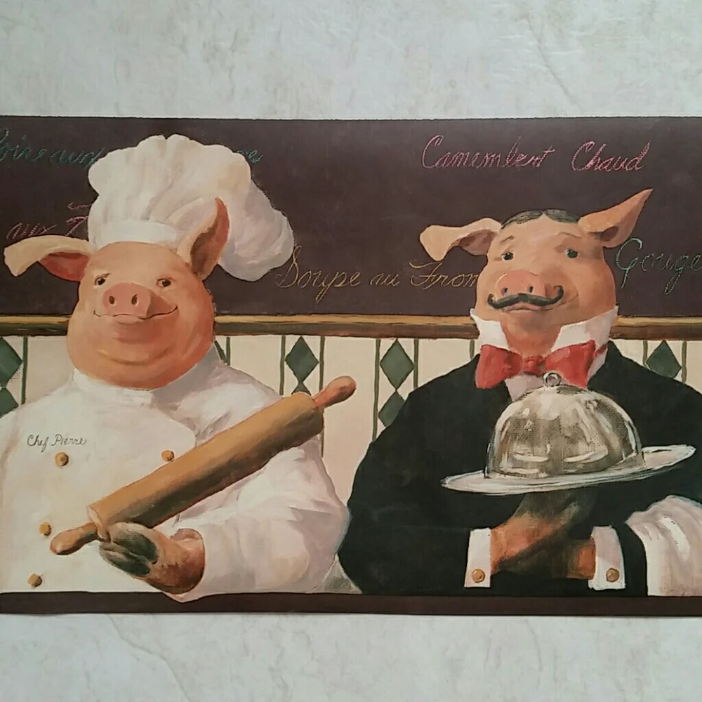 Wallpaper Border - French Chef Pigs Brown